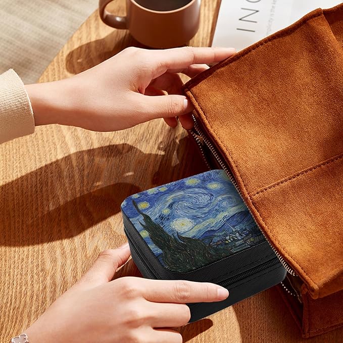 Travel Size Jewelry Case Personalized Jewelry Storage Box Portable Jewellery Box Organiser Jewellery Holders for Ring Necklace Bracelet Earring Women Gifts Van Gogh Starry Night Blue Black