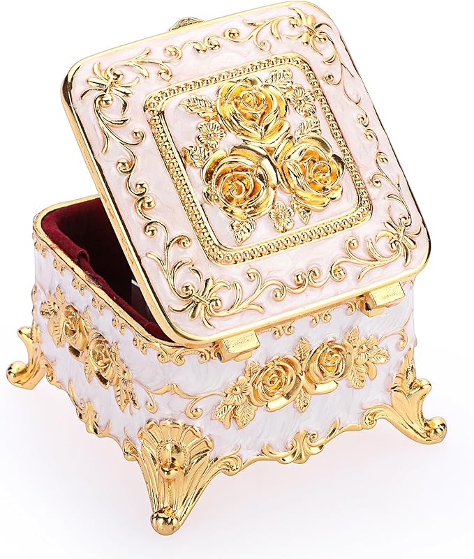 Hipiwe Vintage Jewelry Box Trinket Organizer Enameled Metal Treasure Chest Ring Holder Earrings Storage Case Decorative Keepsake Box Gift for Women, Small 3"x3"x2.4"
