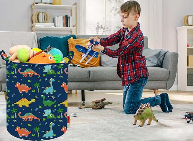 Collapsible Kids Laundry Basket Clothes Hamper, Foldable Storage Organizer Bin, Toy Clothes Storage with Handles for Boys Girls Bedroom, Room Decor Dinosaur
