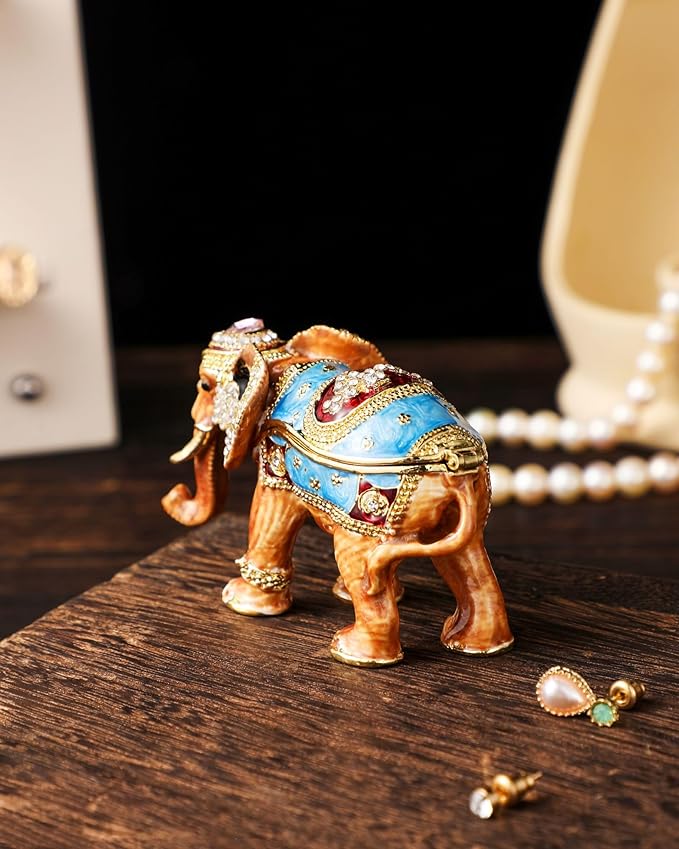 Hand Painted Trinket Box Enamel Vintage Jewelry Box Elephant Hinged Metal Jewelry Organizer Decorative Treasure Box Unique Gifts for Animal Lover