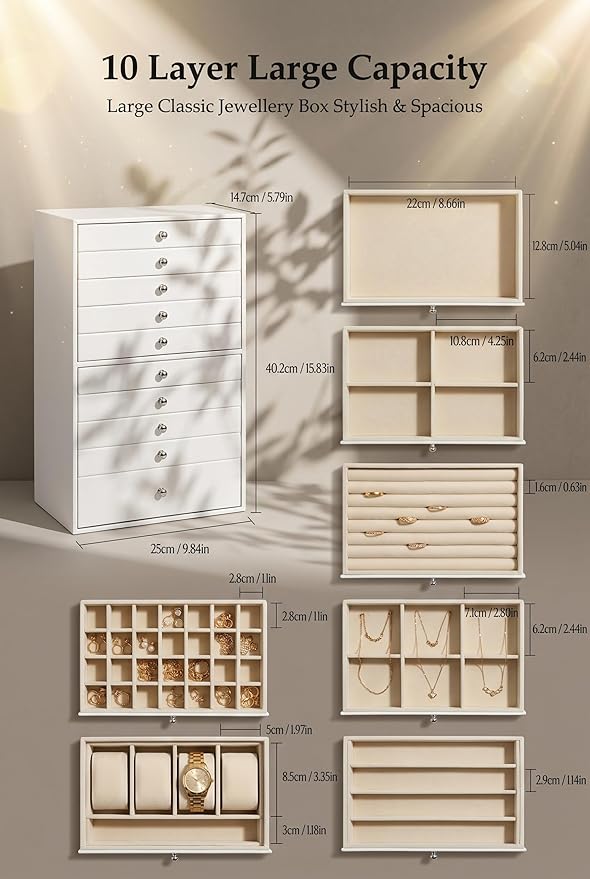 GUKA Large Jewelry Box, Jewelry Case with 10 Drawers for Big and Small Jewelry, Jewelry Storage Organizer for Watch Earrings Necklace Rings Bracelets, Birthday Wedding Gifts, White