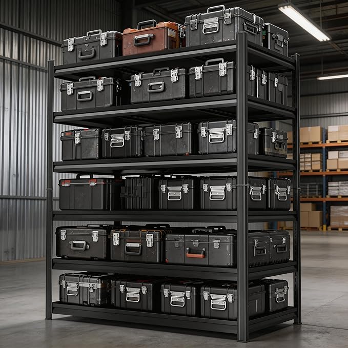 Storage Shelves, Garage Metal Shelving Unit, Adjustable, Double-Layer Column with Reinforced Ribs, Heavy-Duty, Capable of Bearing 600-3600 lbs (Black, 45''W*20''D*82''H, 6-Tier)