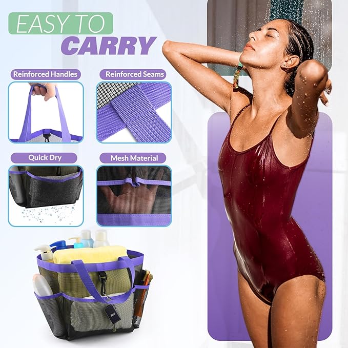 LOYEE Mesh Shower Caddy Portable for College Dorm Room Essentials with 8 Pockets, Shower Bag for Beach, Swimming, Gym, Travel, Bathroom(Purple)
