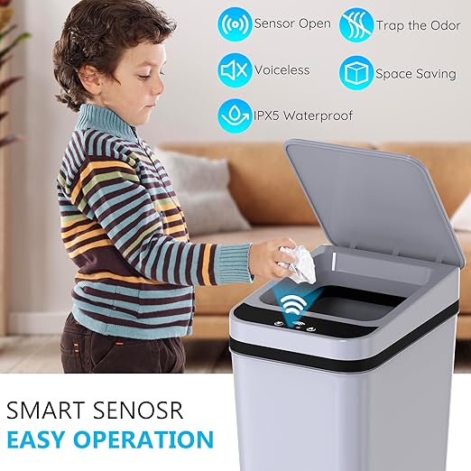 jinligogo 3Pack Bathroom Small Trash Can with Lid, 2.6 Gallon Touchless Automatic Garbage Can Slim Waterproof Motion Sensor Smart Trash Bin for Bedroom, Office, Living Room White/Black/Grey