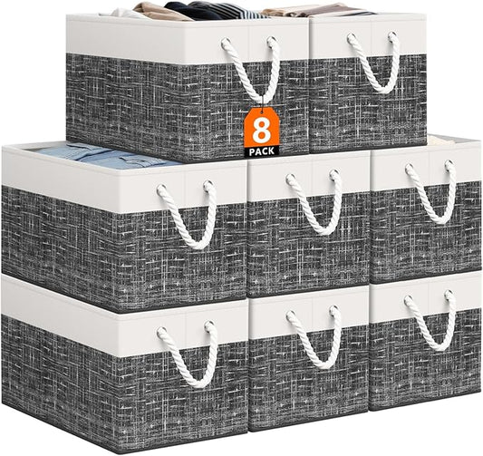 StorageTastic Storage Bin,Collapsible Storage Basket For Organizing,Large Storage Boxes With Rope Handles,Storage Containers,White & Black,8 Pack