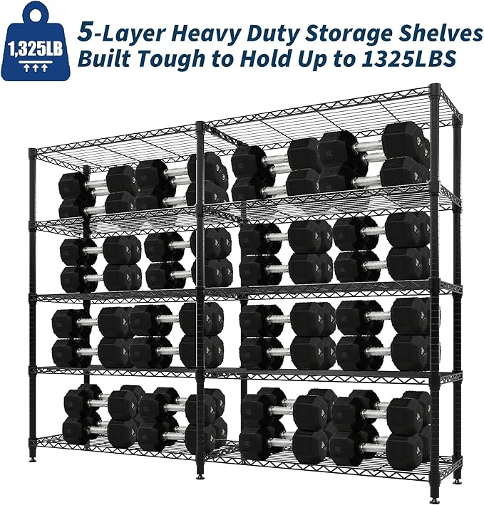 Garvee Storage Shelves 70" H Wire Shelving Rack, 5-Tier Garage Shelving Heavy Duty Metal Storage Shelves for Kitchen Pantry Room, Load 1325 LBS, Adjustable Wire Rack Shelf for Garage Basement
