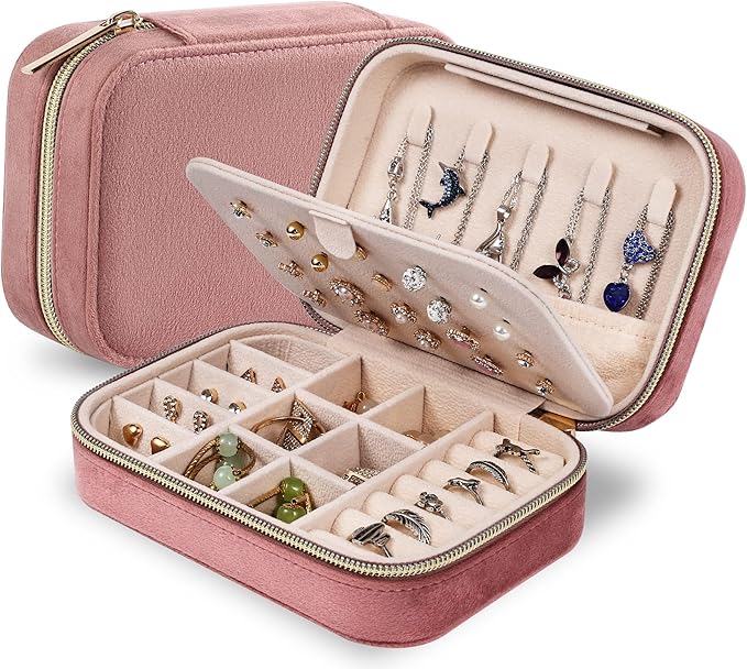 Dajasan Velvet Jewelry Box, Small Travel Jewelry Case, Portable Travel Jewelry Organizer Box for Women Girls (Pink)