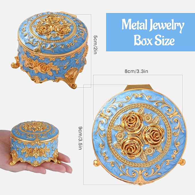 Vintage Jewelry Box, Gold Round Treasure Ring Box, Metal Trinket Organizer Keepsake Box Gift for Girl Women, Light Blue