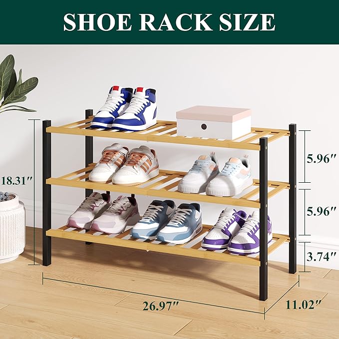 Smiry Bamboo Shoe Rack for Closet, 3 Tier Wooden Stackable Shoe Organizer, Free Standing Shoes Storage Shelf for Entryway, Front Door Entrance, Natural & Black