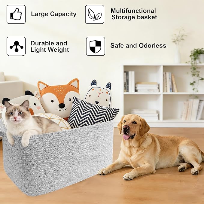96L Large Blanket Basket,24"x16"x15"Rectangle Storage Bin with Handles,Woven Rope Laundry Basket for Toys, Clothes,Magazines,Home Organization,Nursery,Living Room & Bedroom,Grey