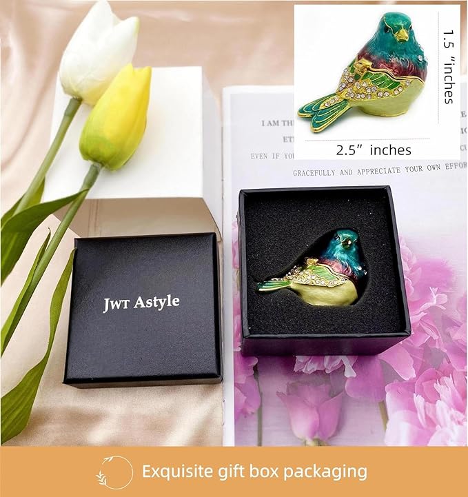 Turquoise Green Bird Trinket Boxes Hinged,Bird Decor with Crystals Enamel Jewelry Box.Necklace Ring Box Earrings Storage.Collectible Birds Lover Gifts Figurines Home Decor