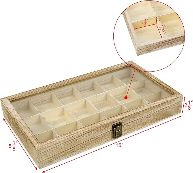 Mooca Wooden Display Storage Case with Tempered Glass Lid for Jewelry and Beads with 18 Compartments Tray, Oak Color, 15" W x 8 3/4" D x 2" H