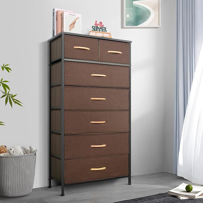 Mifuro Tall Dresser for Bedroom, Vertical Storage Organizer Tower with 7 Drawers, Chest of Drawers with Fabric Bins, Steel Frame, Wood Top for Bedroom, Closet, Entryway- Brown