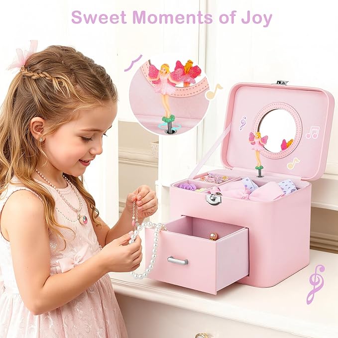 Basumee Musical Jewelry Box for Girls PU Leather Music Box with Drawer Large Kids Jewelry Organizer with Unicorn/Ballerina Jewelry Storage for Little Girls Ages 3–10, Birthday & Holiday Present