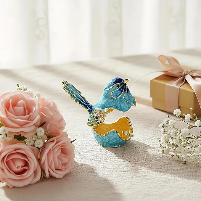 YU FENG Enamel Bird Trinket Box Jewelry Organizer, Hand Painted Decorative Hinged Keepsake Box – Blue Bird