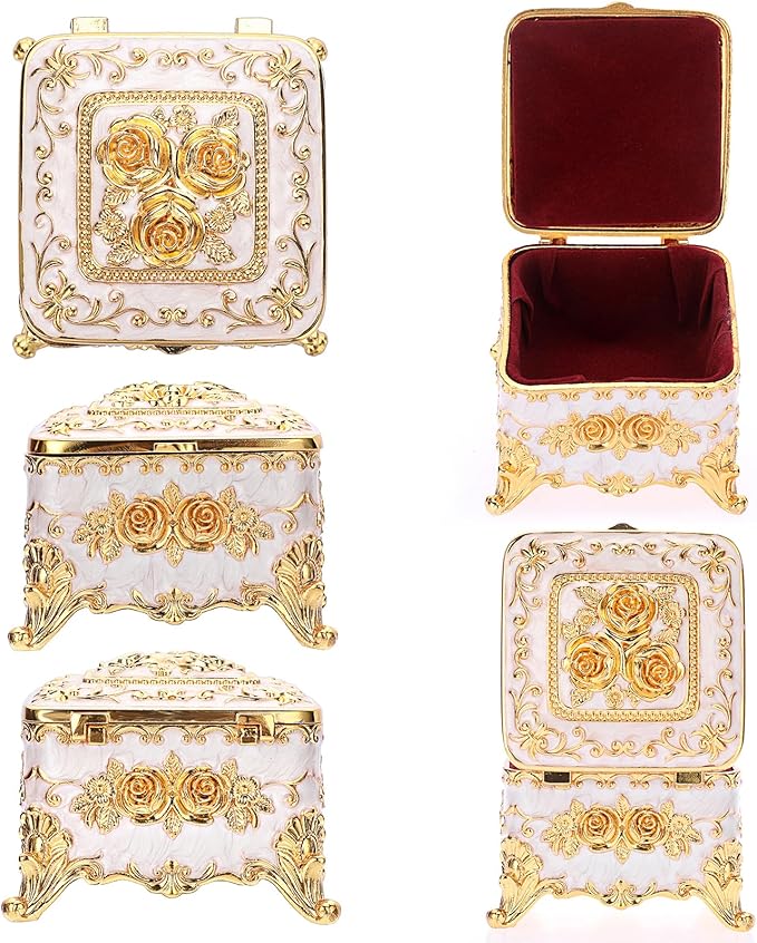 Hipiwe Vintage Jewelry Box Trinket Organizer Enameled Metal Treasure Chest Ring Holder Earrings Storage Case Decorative Keepsake Box Gift for Women, Small 3"x3"x2.4"