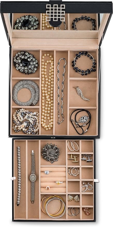Glenor Co 28 Section Jewelry Box - 2 Layer - Buckle Snap & Magnet Closure - Large Mirror - Pu Leather - Black - Jewelry Organizer for Women & Girls - Holder for Earring Ring Necklace & Bracelet