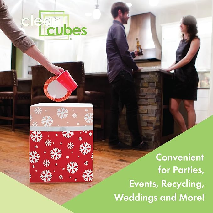 Clean Cubes 13 Gallon Disposable Pop-Up Trash Cans (3-Pack) with Fitted Bags – Foldable Garbage & Recycling Bins for Parties, Events & Kitchen (Snowflake, 17" H x 13.5" W x 10" D)