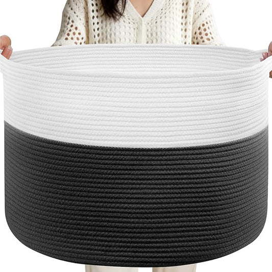 XXXL Large Laundry Basket, 105L Soft Cotton Rope Basket, Blanket Storage and Organizers, Baby Nursery Laundry Hamper, Extra Large Toys Storage Bins for Kids 23.6'' x 14.6'', White & Black