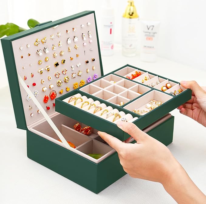QBestry Womens Earrings Jewelry Box for Girls Jewelry Earring Organizer Box Earring Holder Organizer for Girls Jewelry Organizer Boxes for Women Girls Stud Earrings Organizers Jewelry Box Green