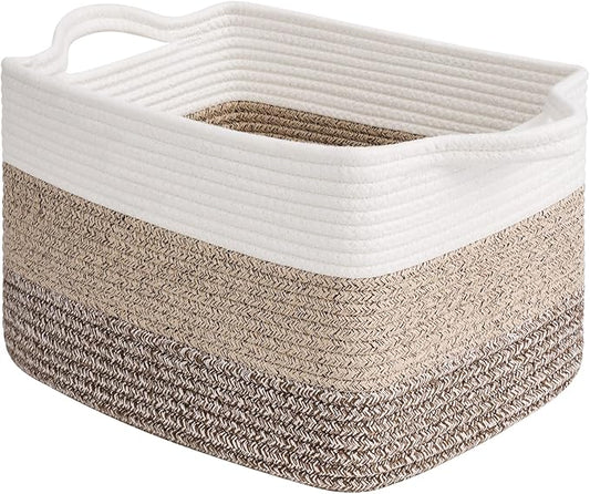 Goodpick Woven Storage Basket, 13"x10"x9" Cotton Rope Organizer for Dog Toys, Books, Stylish Gift Basket with Handles, Small Laundry Baskets for Shelves, Gradient Brown
