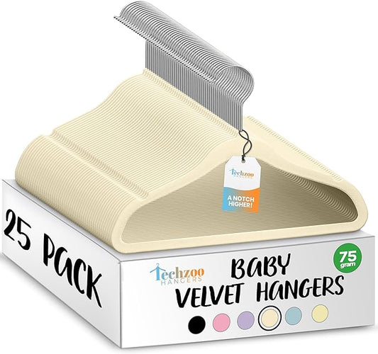TechZoo 25 Premium Baby Velvet Hangers - 11.8 Inches Non-Slip & Ultra-Slim Baby Hangers for Space-Saving & Children Clothes - 360 Swivel Hook, Strong & Durable Infant & Toddler Clothes Hanger - Beige