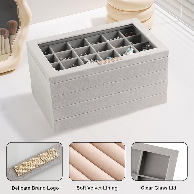 Frebeauty Earring Holder Stackable Jewelry Trays,Velvet Drawer Jewelry Organizer with Glass Lid, 5 in 1 Jewelry Box for Earrings Rings Studs,10.5 x 6.5 x 5.55 Inches Gift for Women (Grey)