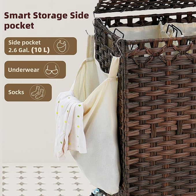 Laundry Hamper with Lid, 160L Rattan Wicker Laundry Basket with Wheels, Handwoven Laundry Hamper 2-Section with Storage shelf(42.3 Gal), Laundry Sorter Basket with Removable Liner, Brown HLH032BR