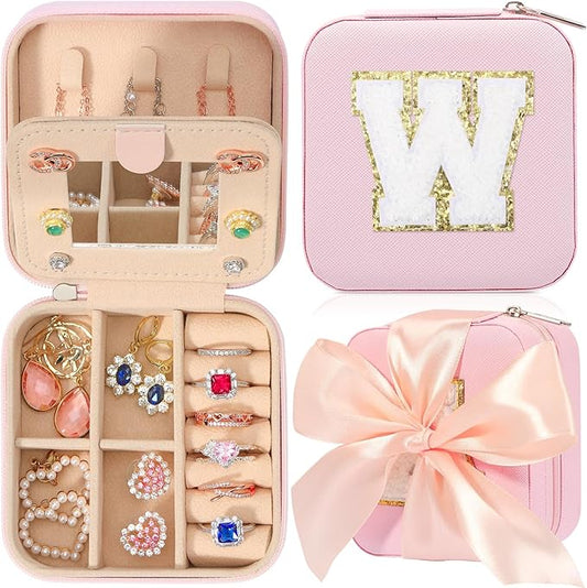 CHMI Travel Jewelry Case, Pink Travel Jewelry Box, Travel Jewelry Organizer, Travel Gifts for Women Girls, Jewelry Organizer Box, Birthday Gifts for Women, Christmas Gifts for Teens Girls - Initial W