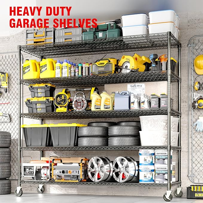 Garvee 5-Tier Metal Shelving with Wheels, Heavy Duty Rolling Storage Shelves 3300LBS Loads, Adjustable Wire Rack Shelving Unit for Garage Kitchen Pantry Commerial, 82" H x 59" W x 23.6" D, Black ﻿ ﻿
