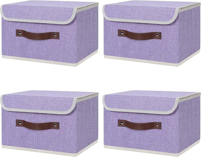 ANMINY 4PCS Storage Bin with Lid Storage Boxes with PU Leather Handles PP Plastic Board Decorative Foldable Lidded Cotton Linen Fabric Home Cubes Baskets Closet Organizer Container - Purple, Medium