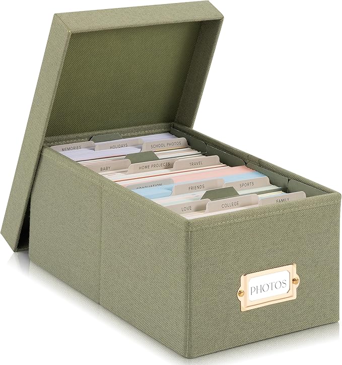 ZICOTO Decorative Photo Storage Box - Sturdy Linen Photo Organizer with Dividers is Perfect to Store Up to 850 Pictures and 4x6 Photos - Portable Scrapbook Storage Containers with Lid