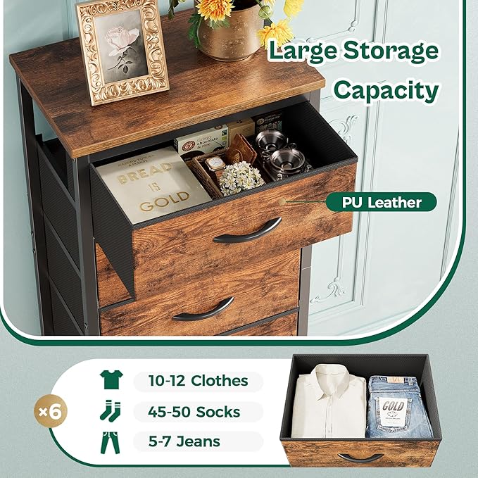 Huuger 43.3 Inch Tall Dresse for Bedroom, 6 Drawer Dresser & Chests of Drawers, Fabric Dresser for Closet, Bedroom, Night Stand, End Table with Metal Frame, Storage Tower, Rustic Brown