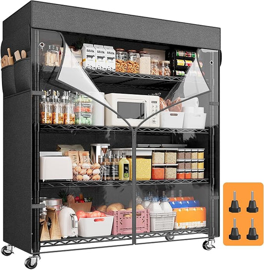 REIBII 72.8" H Storage Shelves with Cover & Wheels, Wire Shelving Heavy Duty Metal Shelving for Pantry Kitchen Garage, Storage Rack Shelf Shelving for Commercial Industrail, 35" W*16" D*72.8" H