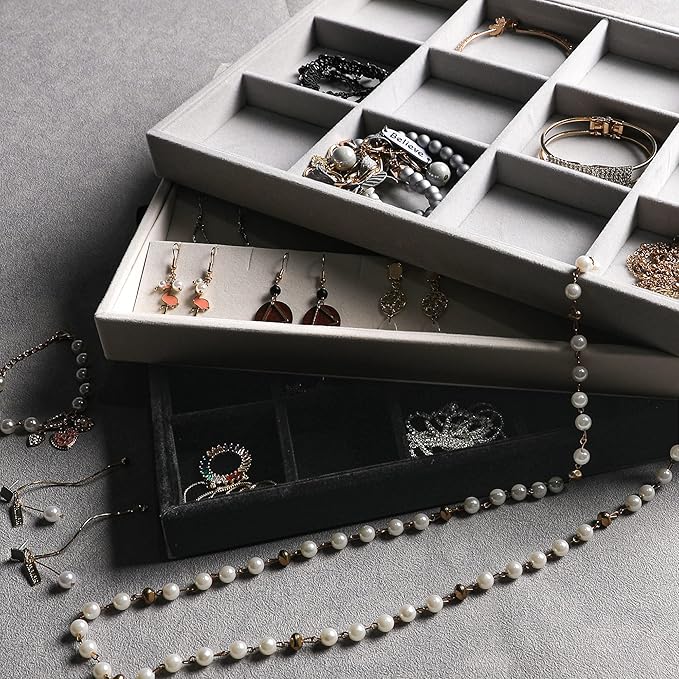 Frebeauty Stackable Velvet Jewelry Organizer Trays for Drawers Inserts Jewelry Storage Tray Display Case, Stud Earrings Bracelets Necklace Rings Accessories Trays for Women Girls(Set of 2 Beige)