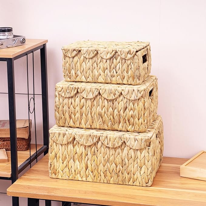 LUSYDECO Set of 2 Scalloped Edge Wicker Basket with Lids, Rectangle Wicker Storage Basket with Built-in Handles, Multipurpose Organizer Rattan Display Boxes for Shelf, Nursery Room