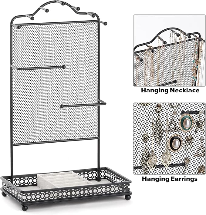 Meangood Black Jewelry Organizer Stand, Earring Holder Rack for Hanging Earrings Necklace Bracelets Watches Jewelry Display Large Rings Storage as Women Gift