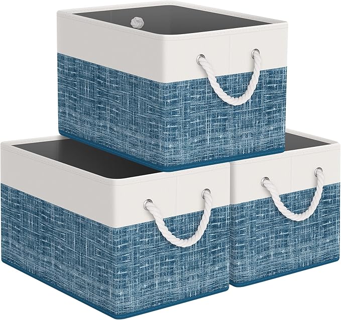 StorageTastic Storage Bin,Collapsible Storage Basket For Organizing,Large Storage Boxes With Rope Handles,Storage Containers,White & Blue,3 Pack