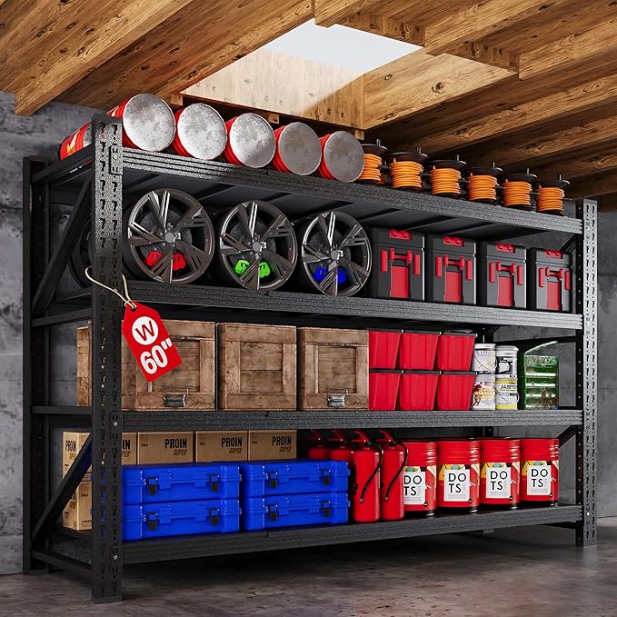 60" W Metal Shelving Heavy Duty, 24" Deep Large Storage Shelves, 4 Tier Tall Steel Industrial Shelving, 5000 LBS Adjustable Standing Shelf for Warehouse/Shop 60" W x 24" D x 70" H