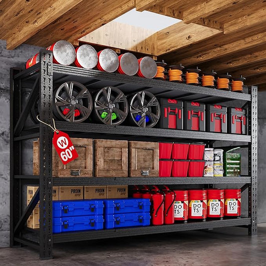 60" W Metal Shelving Heavy Duty, 24" Deep Large Storage Shelves, 4 Tier Tall Steel Industrial Shelving, 5000 LBS Adjustable Standing Shelf for Warehouse/Shop 60" W x 24" D x 70" H