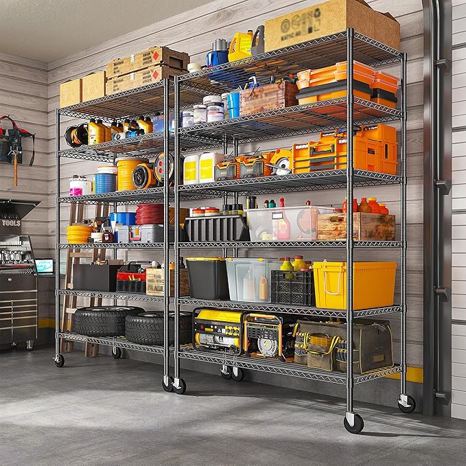 Romorgniz 82"H X45"W X18"D Storage Shelves with Wheels, 6 Tier Wire Shelving Adjustable Metal Shelving Pantry Shelves Capacity 1200LBS for Garage Shelving, Pantry, Kitchen, Closet, Commercial, Black