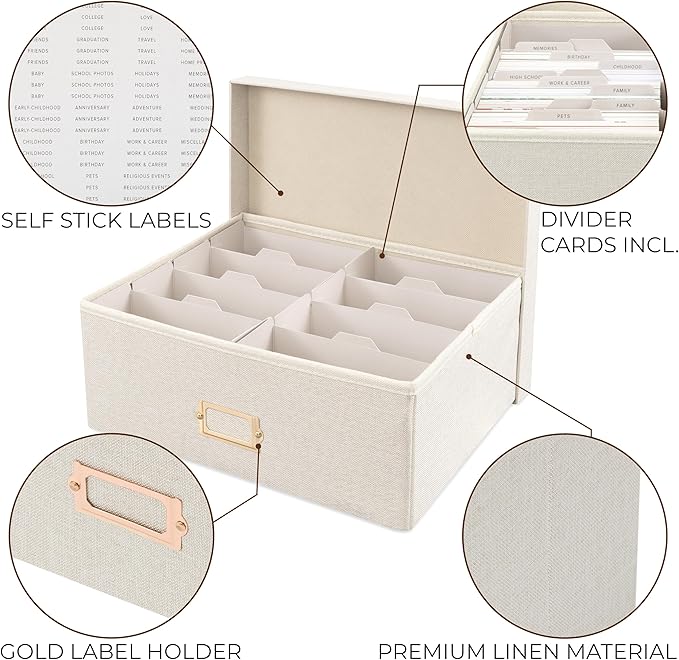 ZICOTO Decorative Photo Storage Box - Sturdy Linen Photo Organizer with Dividers is Perfect to Store up to 1700 Pictures and 4x6 Photos - Portable Scrapbook Storage Containers with Lid