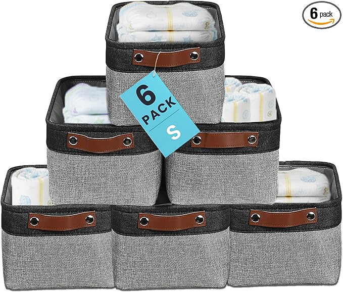 OrganiHaus Small Fabric Storage Baskets 6 Pack, 12x8in Cloth Storage Bins for Shelves, Small Baskets for Organizing Pantry Closet, Canvas Shelf Baskets, Gray/Black