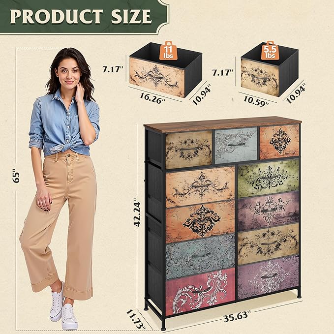 WLIVE Storage Organizer Unit with 11 Fabric Bins, Storage Drawers Organizer with Steel Frame, Tall Storage Tower Organizaton for Living Room, Hallway, Office, Pattern