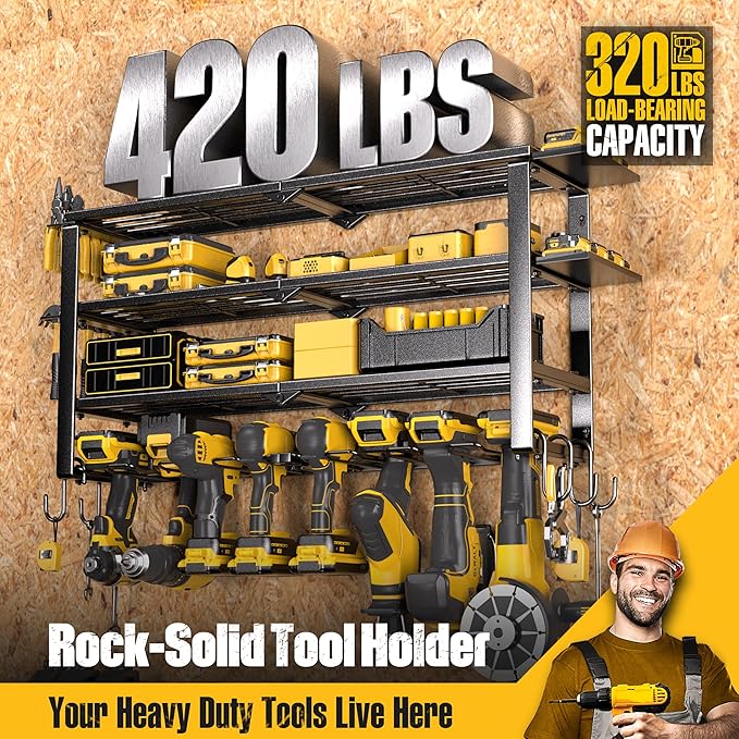 Spampur 420LB Capacity Power Tool Organizer with Charging Station & 6 Outlets | Quick Assembly 4-Layer Heavy Duty Rack for Drills & Batteries | Ultimate Garage Storage & Christmas Gift for Men