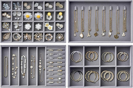 Velvet Jewelry Drawer Organizer Trays – Large Grey Stackable Jewelry Storage Inserts Set, 4-Layer Jewelry Tray Set for Earrings, Rings, Necklaces, Bracelets with Removable Dividers for Dresser, Vanity