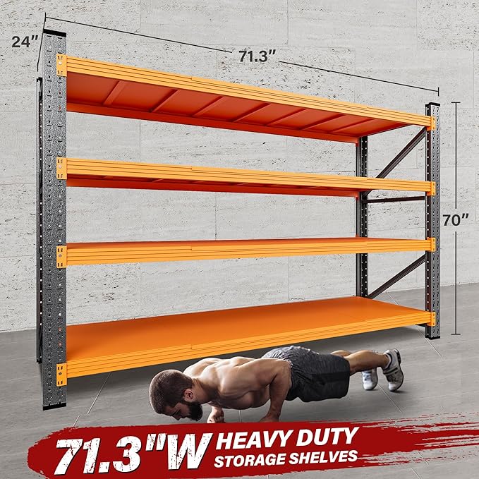 71.3" Wide Heavy Duty Garage Shelving Units,5000LBS Deep Storage Shelves,Orange Metal Garage Shelves,Steel Shelf,Large Storage Rack,Industrial Shelving for Shop,Warehouse,Basement,71.3"W x 24"D x 70"H