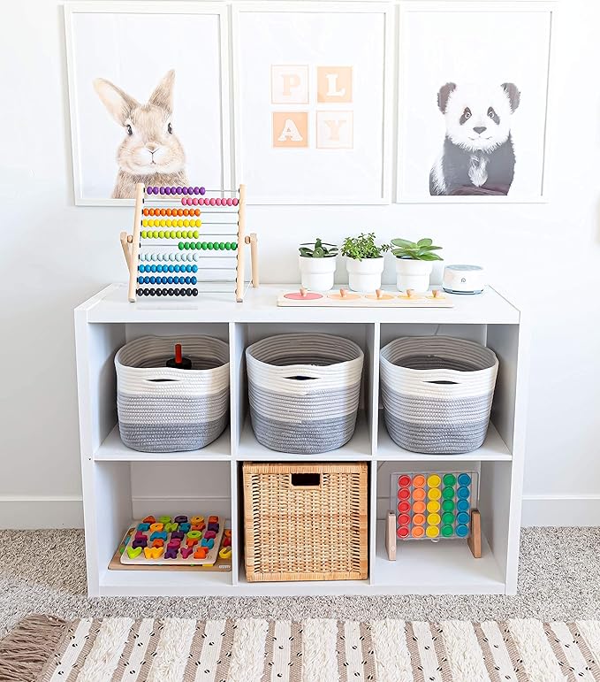 OrganiHaus Rope Baskets for Shelves - Set of 3 Woven Storage Baskets for Organizing, Closet & Toy Storage - 3-Toned Gray - 15x9x10