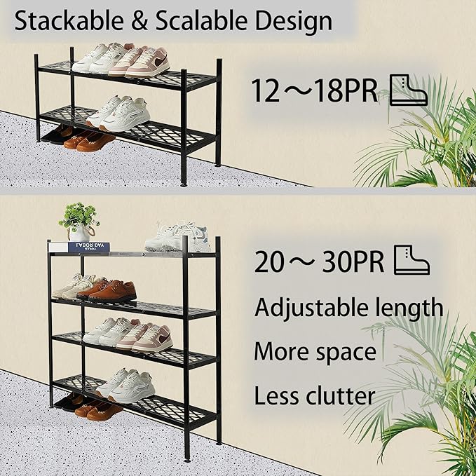 Shoe Rack, 45.6" Expandable Shoes Storage Metal Shoe Shelf Stand 2-Tier Stackable Boot Organizer for Closet, Entryway, Garage, Bedroom, Door Entrance, Black
