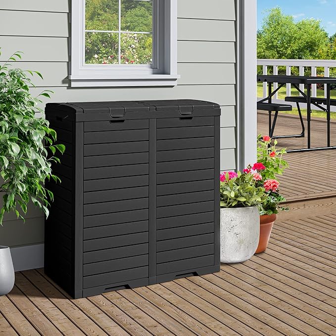 DWVO 76 Gallon Outdoor Resin Trash Can with Dual Lid and Drip Trays, 248 Quart Hideaway Garbage Bin for Porch, Backyard